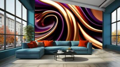 Abstract fluid swirls, metallic copper and gold tones, smooth flowing curves, dark purple accents, glossy satin texture, dynamic movement, elegant drapery effect, rich color gradients, luxurious fabri Wall mural