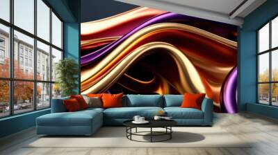 Abstract fluid swirls, metallic copper and gold tones, smooth flowing curves, dark purple accents, glossy satin texture, dynamic movement, elegant drapery effect, rich color gradients, luxurious fabri Wall mural