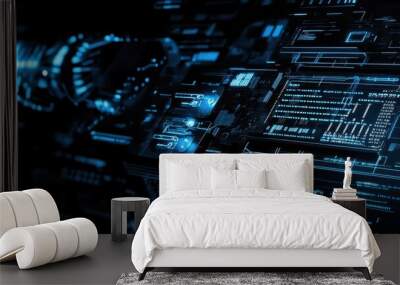 Abstract futuristic digital interface, holographic AI tech displays, circuit board matrix, binary code overlay, glowing blue tones, dark background Wall mural