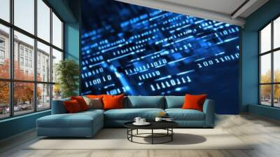 Abstract futuristic digital interface, holographic AI tech displays, circuit board matrix, binary code overlay, glowing blue tones, dark background Wall mural