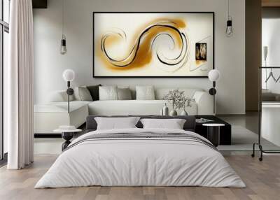 abstract painting with swirling shapes in brown and yellow hues, minimalist living room interior with white sectional sofa and dark wood accents, neutral color palette, modern black coffee table, fram Wall mural