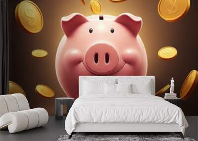 An illustration of a pink piggy bank with a sly and mischievous expression, surrounded by falling golden coins, creating a playful and whimsical scene, digital art, concept of saving money or financia Wall mural