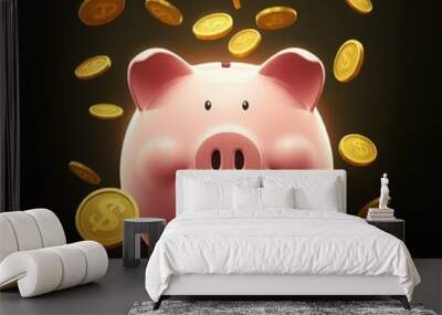 An illustration of a pink piggy bank with a sly and mischievous expression, surrounded by falling golden coins, creating a playful and whimsical scene, digital art, concept of saving money or financia Wall mural