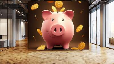 An illustration of a pink piggy bank with a sly and mischievous expression, surrounded by falling golden coins, creating a playful and whimsical scene, digital art, concept of saving money or financia Wall mural