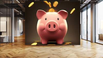 An illustration of a pink piggy bank with a sly and mischievous expression, surrounded by falling golden coins, creating a playful and whimsical scene, digital art, concept of saving money or financia Wall mural