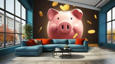 An illustration of a pink piggy bank with a sly and mischievous expression, surrounded by falling golden coins, creating a playful and whimsical scene, digital art, concept of saving money or financia Wall mural