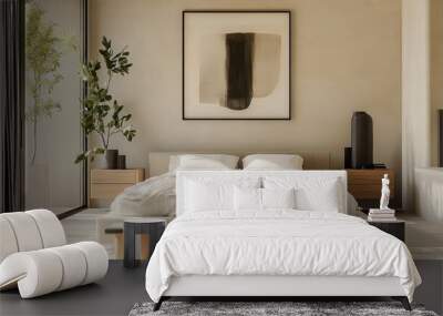 An minimalist bedroom interior, soft neutral tones, king size bed with rumpled white linens, two minimalist wooden nightstands, potted plant, large window with natural light, framed abstract wall art, Wall mural