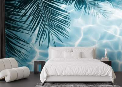 Blue-toned water ripples, underwater texture, tropical palm fronds, reflection, azure hues, natural pattern, paradise vibes Wall mural