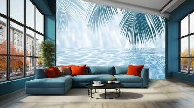 Blue-toned water ripples, underwater texture, tropical palm fronds, reflection, azure hues, natural pattern, paradise vibes Wall mural