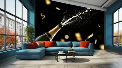 champagne bottle popping, golden sparkling wine explosion, celebration, festive atmosphere, bokeh lights, black background, high contrast, elegant, luxurious, confetti, dynamic motion. Wall mural