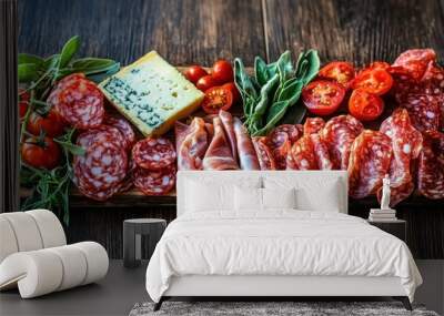 charcuterie board with slices of cured meats, variety of cheeses, cherry tomatoes, fresh herbs, close-up shot, vibrant colors, rustic wooden table, soft focused background with greenery, natural light Wall mural