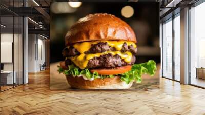 close-up of a delicious cheeseburger, juicy beef patty, melted cheese, fresh lettuce, ripe tomato, sesame seed bun, bokeh background, street food vendor, appetizing, food photography, shallow depth of Wall mural