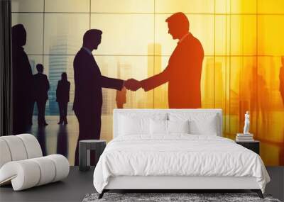 Corporate business leaders, silhouettes shaking hands, handshake deal, blurred people background, professional cityscape, glass high-rise buildings, blazing orange sunset, evening sky Wall mural