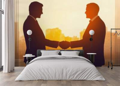 Corporate business leaders, silhouettes shaking hands, handshake deal, blurred people background, professional cityscape, glass high-rise buildings, blazing orange sunset, evening sky Wall mural