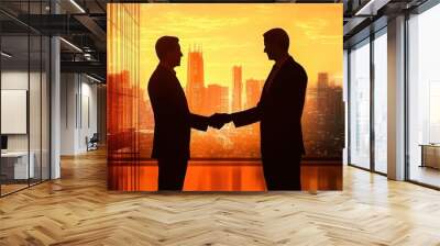 Corporate business leaders, silhouettes shaking hands, handshake deal, blurred people background, professional cityscape, glass high-rise buildings, blazing orange sunset, evening sky Wall mural