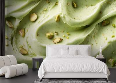 Creamy green pistachio gelato, swirling spiral patterns, rich textures, crushed pistachio nuts scattered, macro close-up, dreamy colors Wall mural