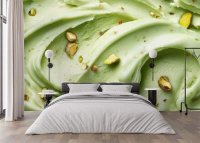 Creamy green pistachio gelato, swirling spiral patterns, rich textures, crushed pistachio nuts scattered, macro close-up, dreamy colors Wall mural