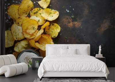 Crispy potato chips with herbs, salt, and sour cream, arranged on a graphite background with copy space Wall mural