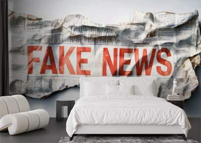 Crumpled newspaper, bold red letters, text FAKE NEWS, distressed paper, realistic details, high contrast, white background, close-up shot, media criticism, political commentary Wall mural