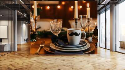 Festive Father s Day table setting with stylish mustache mug and bow tie perfect for holiday promotions event planning and lifestyle blogs Wall mural