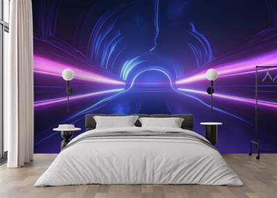 futuristic abstract blue purple corridor, energy tunnel with glowing lines, neon sci-fi architecture, digital dimension, spacetime gateway, geometric perspective, motion blur, synth wave, 4K Wall mural