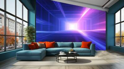 futuristic abstract blue purple corridor, energy tunnel with glowing lines, neon sci-fi architecture, digital dimension, spacetime gateway, geometric perspective, motion blur, synth wave, 4K Wall mural