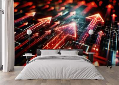 futuristic digital arrows, glowing red, upward trend, technology, neon lights, abstract, cyberpunk, depth of field, high contrast, dark background Wall mural