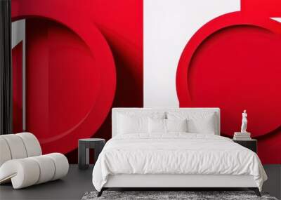 Geometric abstract composition, vibrant red tones, minimalist design, circular shapes, rectangular elements, shadowy depth, clean lines, 3D render, graphic design inspiration, bold monochromatic palet Wall mural