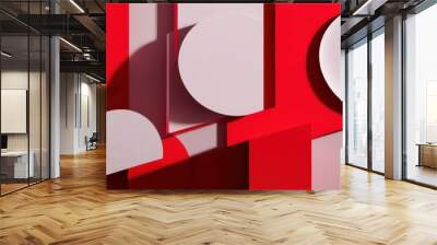 Geometric abstract composition, vibrant red tones, minimalist design, circular shapes, rectangular elements, shadowy depth, clean lines, 3D render, graphic design inspiration, bold monochromatic palet Wall mural