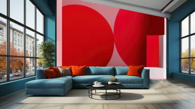 Geometric abstract composition, vibrant red tones, minimalist design, circular shapes, rectangular elements, shadowy depth, clean lines, 3D render, graphic design inspiration, bold monochromatic palet Wall mural