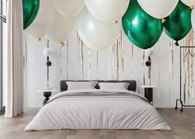 green balloons floating upwards, silver metallic ribbons swirling, minimal white background, celebration party atmosphere, 3D render
 Wall mural