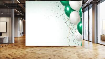 green balloons floating upwards, silver metallic ribbons swirling, minimal white background, celebration party atmosphere, 3D render
 Wall mural