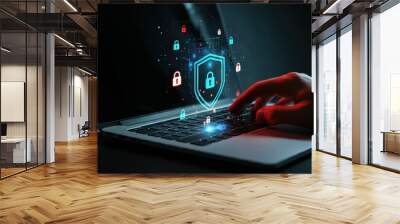 hacker attack or security breach, cyber crime concept, data protection on internet cybersecurity, digital locks, cyber protection, glowing lock icons, laptop keyboard, dark background, futuristic tech Wall mural