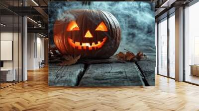 Halloween night, spooky pumpkin lantern, misty forest background, wooden planks, glowing candles, eerie atmosphere, fog, moonlight, jack-o'-lantern, rustic setting, dark ambiance, autumn scene, myster Wall mural