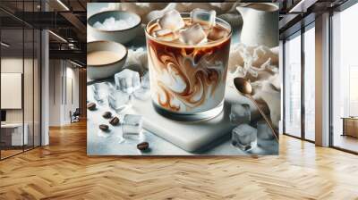 Hyper-realistic coffee drink illustration, iced coffee in tall glass with ice cubes and whipped cream, coffee waves textures, amber and brown color tones, circular wood coaster base, gray muted backgr Wall mural