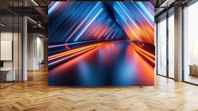 luminous abstract tunnel, neon lights streaks, dynamic motion blur, futuristic architecture structures, energy waves, dark colors with glowing orange highlights, cinematic composition Wall mural