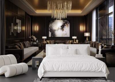 luxurious modern living room, dark walls, abstract art on walls, elegant chandeliers, marble flooring with gold accents, large windows, sophisticated furniture, contemporary interior design, high eleg Wall mural