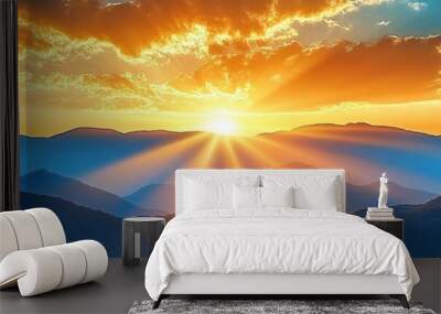 panoramic view of a vibrant orange sun bursting through clouds at sunset, dramatic rays of sunlight beaming across the sky, silhouetted mountains in the distance, vivid colors blending from deep orang Wall mural