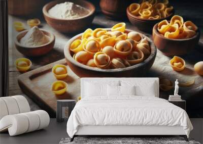 Raw pasta shells, wooden bowl filled with pasta shells, uncooked pasta scattered on textured surface, dried homemade noodles, rustic food still life, warm lighting and earth tones Wall mural