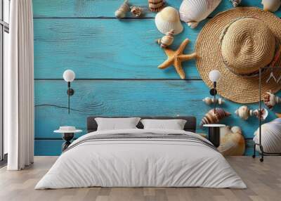 Rustic blue wooden background with a wide variety of seashells scattered around, including scallops, starfish, conch shells, clam shells, seaside travel hat, summer beach vacation concept, vivid color Wall mural