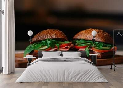 Selective focus on two homemade rustic sandwiches on the table Wall mural