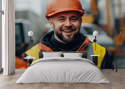 two construction workers, smiling, on-site, hard hats, orange vests, diverse facial features, detailed closeup, blurred background, warm lighting, realistic
 Wall mural