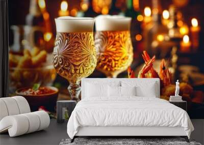 Two crystal beer glasses filled with golden lager, intricate rosette patterns etched on the glasses, a plate of breaded fried shrimp or prawns with a spicy chili sauce, blurred liquor bottles in the b Wall mural