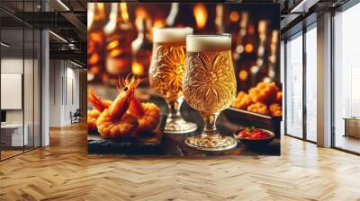 Two crystal beer glasses filled with golden lager, intricate rosette patterns etched on the glasses, a plate of breaded fried shrimp or prawns with a spicy chili sauce, blurred liquor bottles in the b Wall mural