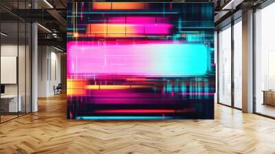 vibrant neon abstract digital art, colorful geometric shapes, futuristic cyberpunk aesthetic, glowing rectangles and lines, high contrast, blurred edges, dynamic light effects, retro synthwave vibes,  Wall mural