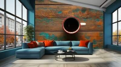 vibrant wooden table, abstract colorful textures, rustic, coffee mug, top view, bright and playful, detailed wood grain, bohemian style Wall mural