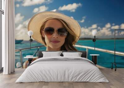 woman on a boat, wearing a wide-brimmed hat and sunglasses, calm blue ocean in the background, sunny day, clear sky with few clouds, relaxed and peaceful mood, casual summer attire, vibrant colors, hi Wall mural