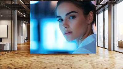 woman scientist in lab coat, focused on computer screens with data, futuristic technology lab, soft ambient lighting, serious expression, professional atmosphere, digital display background, high-tech Wall mural