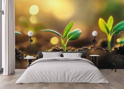 young seedlings, soil, sunlight, growth, nature, close-up, vibrant green, morning light, peaceful atmosphere, high detail
 Wall mural