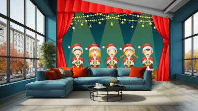 Group of children singing christmas carols on the stage Wall mural